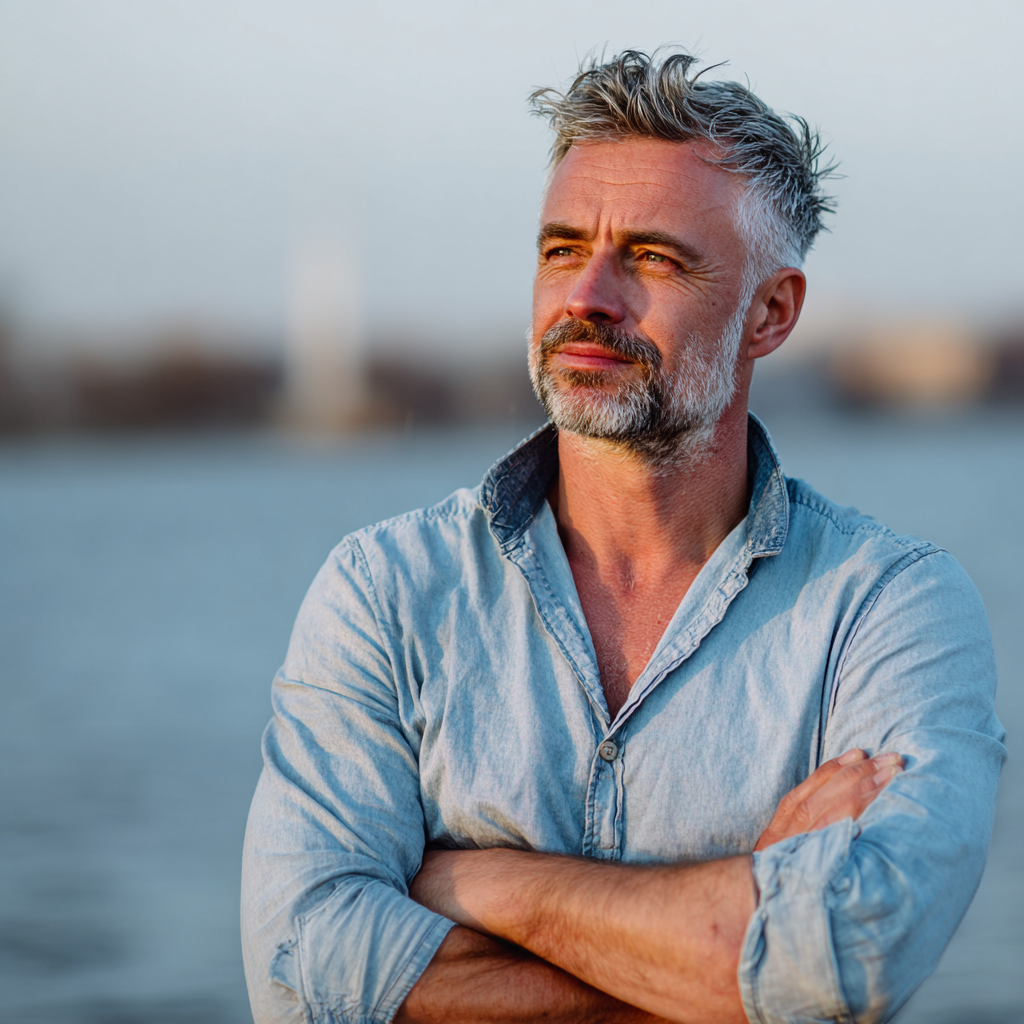 Confident middle-aged man reflecting on personal growth achievements in natural setting
