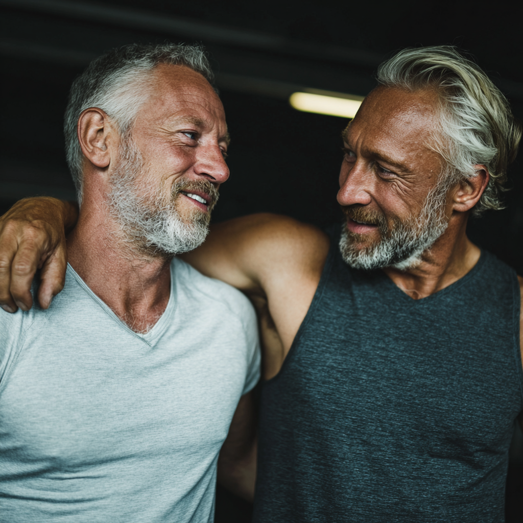 Mature men supporting each other during fitness activities, showing camaraderie and mutual respect