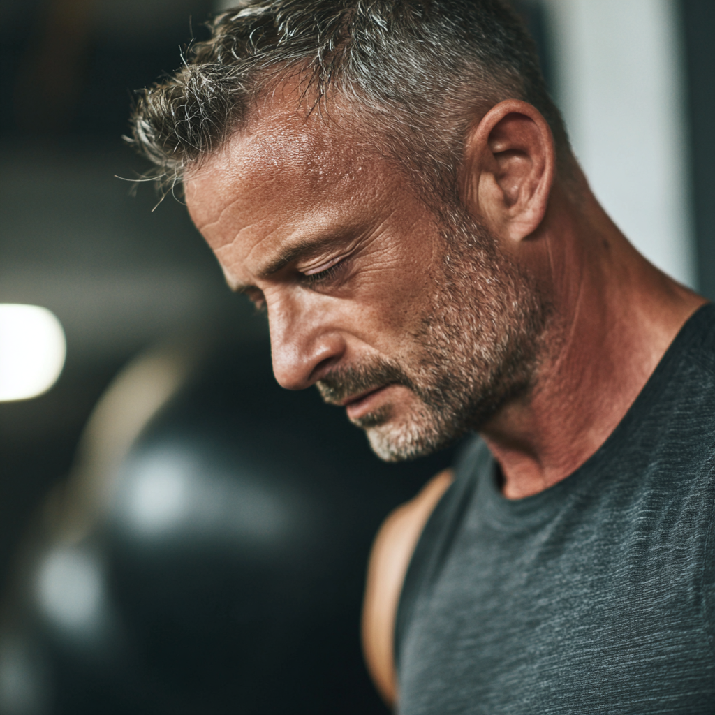 Middle-aged man focused on strength training in minimalist gym environment